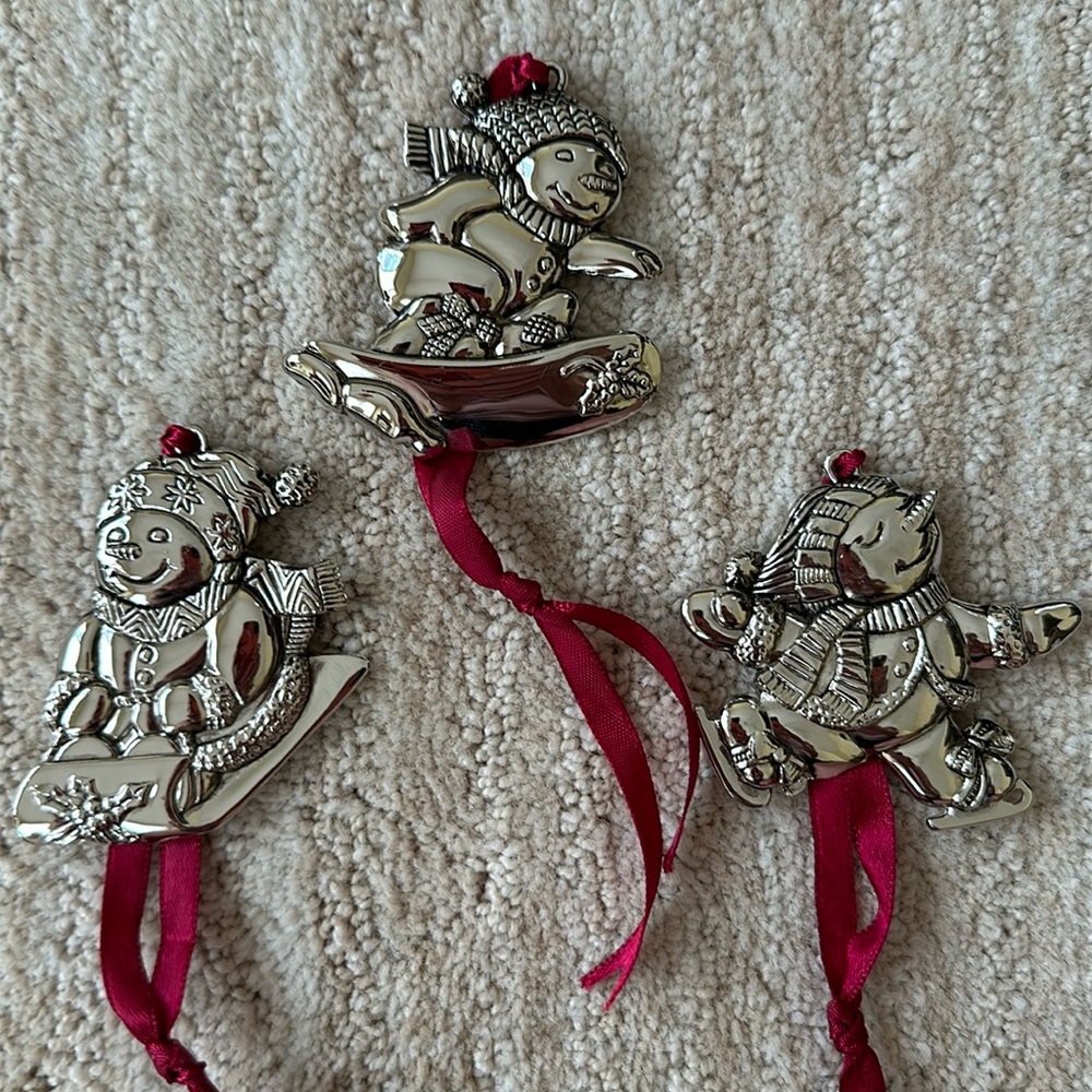 Set of 3 Vintage Gorham Silver Plated Christmas Snowmen Ornaments